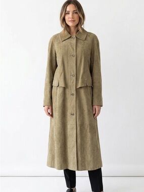 FEN NELLI Tan Faux Suede Microsuede Button-Up Trench Coat Long Plus Size 15/16